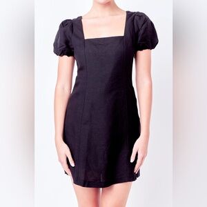 English Factory Black Puff Sleeve Sheath Mini Dress